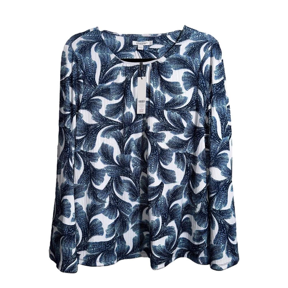 NWT CHICO’S Drift Gathered Neck Long-Sleeved Boho Top in Passport Blue - size‎ 2